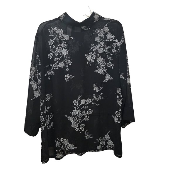 Emma James Womens Blouse 20W Plus Size Sheer Black White Floral Liz Claiborne - Picture 5 of 7